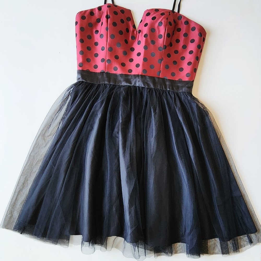 Aqua Red and Black Polka Dot Tulle Mini Party Dress Padded Bustier Size 4